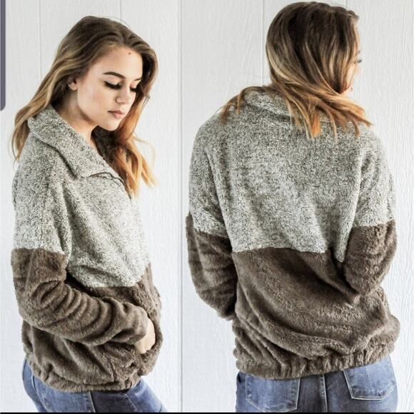 Blue B quarter zip kangaroo pocket pullover teddy 2 tone brown small - Picture 4 of 5